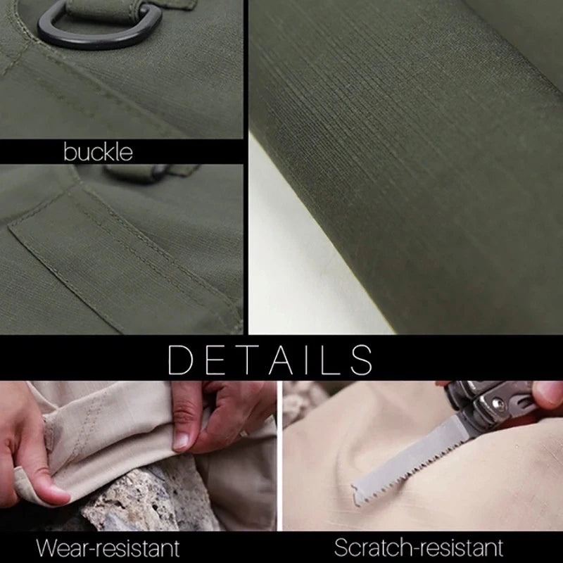 Collage of details including a buckle, texture close-up, wear-resistance test, and scratch-resistance test on a green fabric.