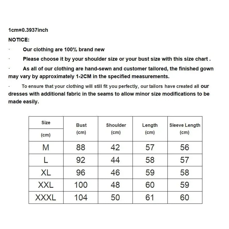 Size chart for clothing with measurements in centimeters