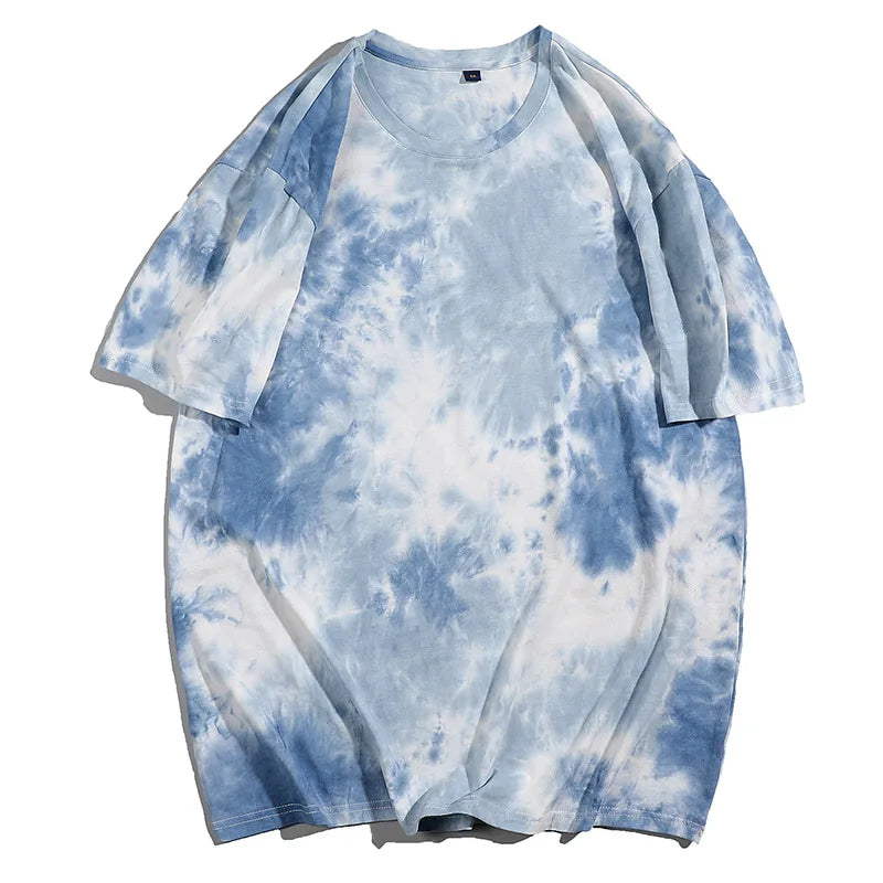 Tie-dye retro vibe t-shirt in blue and white, featuring short sleeves and a relaxed fit for casual streetwear style.