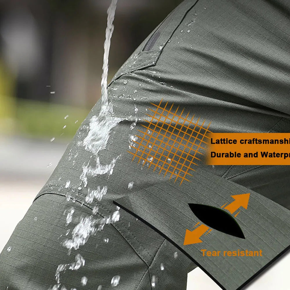 Water droplets being splashed onto a gray fabric with text highlighting durability and water resistance.