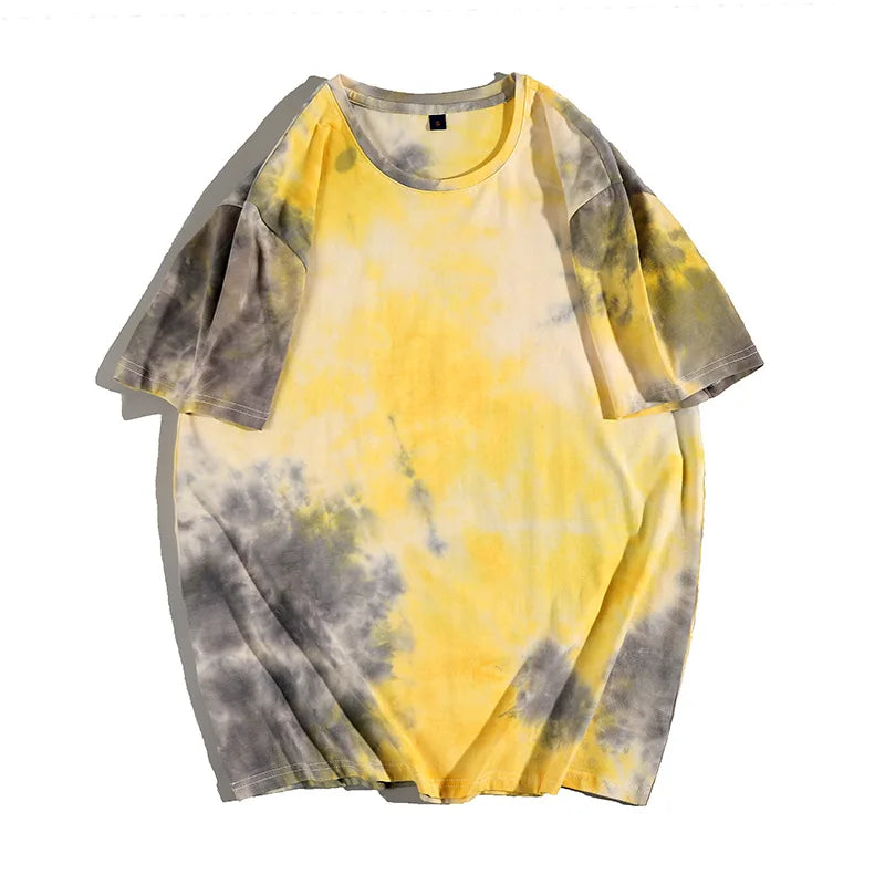 Yellow and gray tie-dye retro vibe t-shirt made of breathable cotton for casual streetwear style.