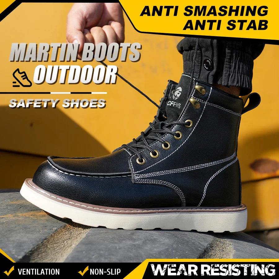 Black safety boot with text highlighting features on a yellow background