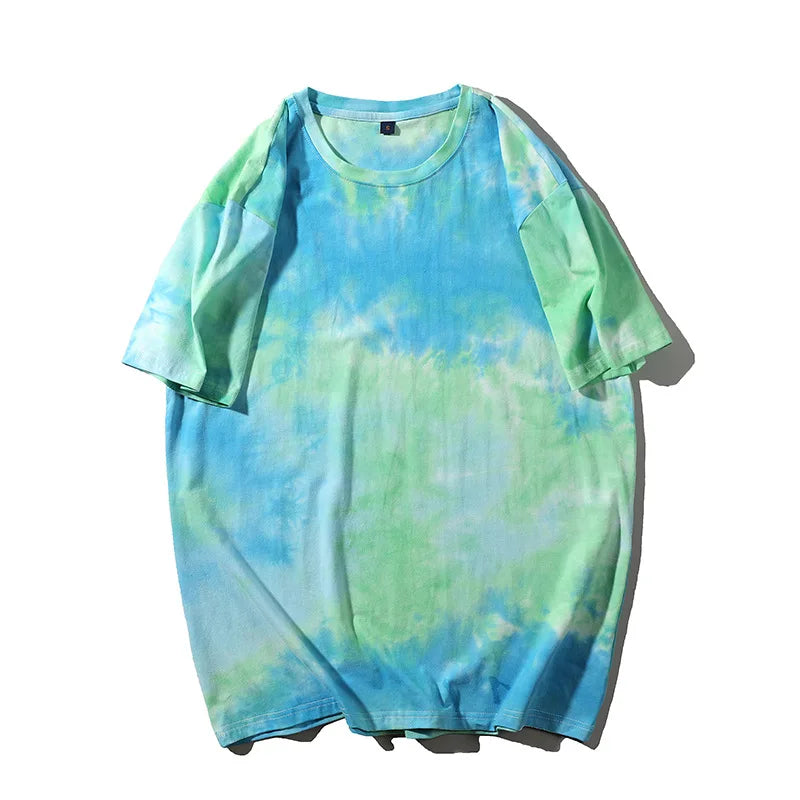 Tie-Dye Retro Vibe T-Shirt in blue and green, short-sleeve, breathable cotton, casual O-neck design for stylish comfort.