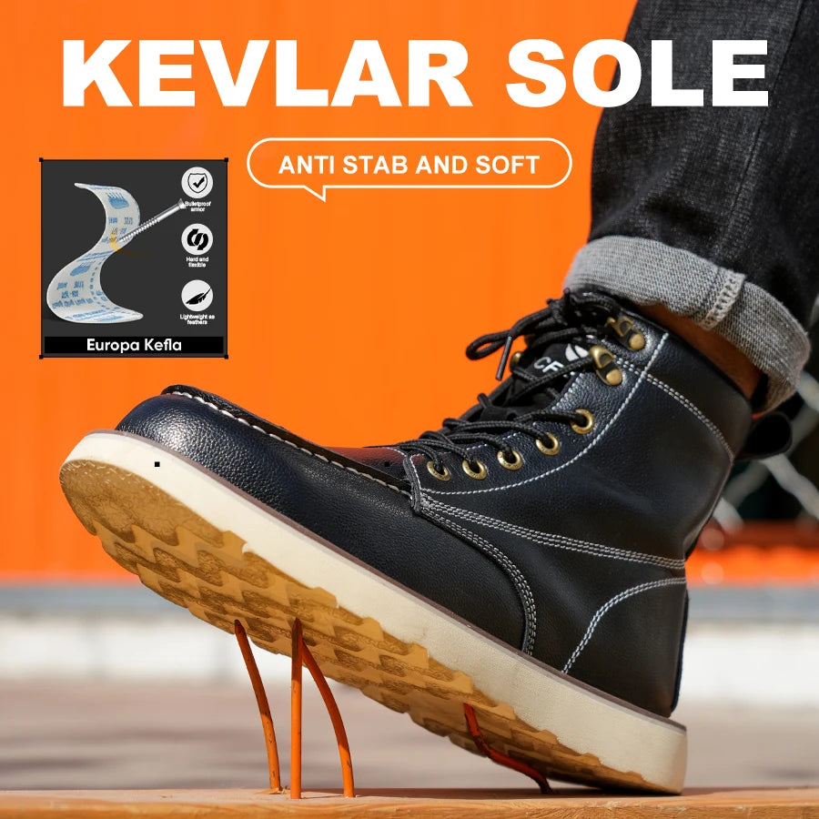 Black boot with Kevlar sole on an orange background