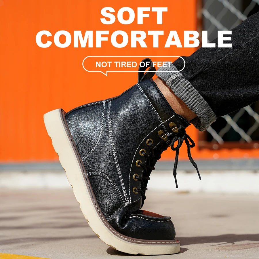 Black boot with white sole worn by a person, against an orange background with text 'SOFT COMFORTABLE NOT TIRED OF FEET'.