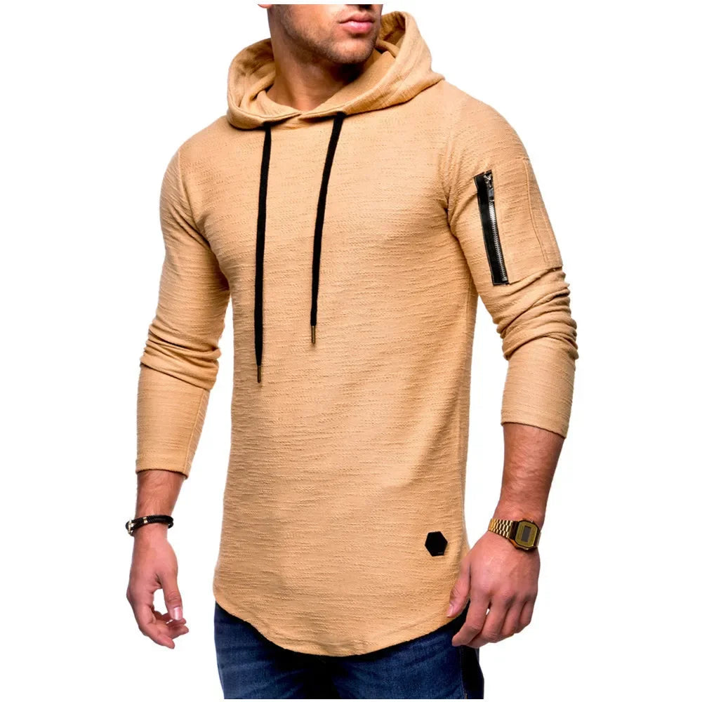 Beige hoodie with black drawstrings and zipper on a white background