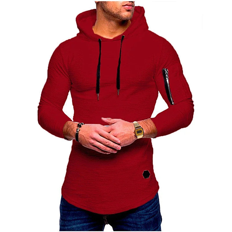 Red hoodie worn by a person on a white background