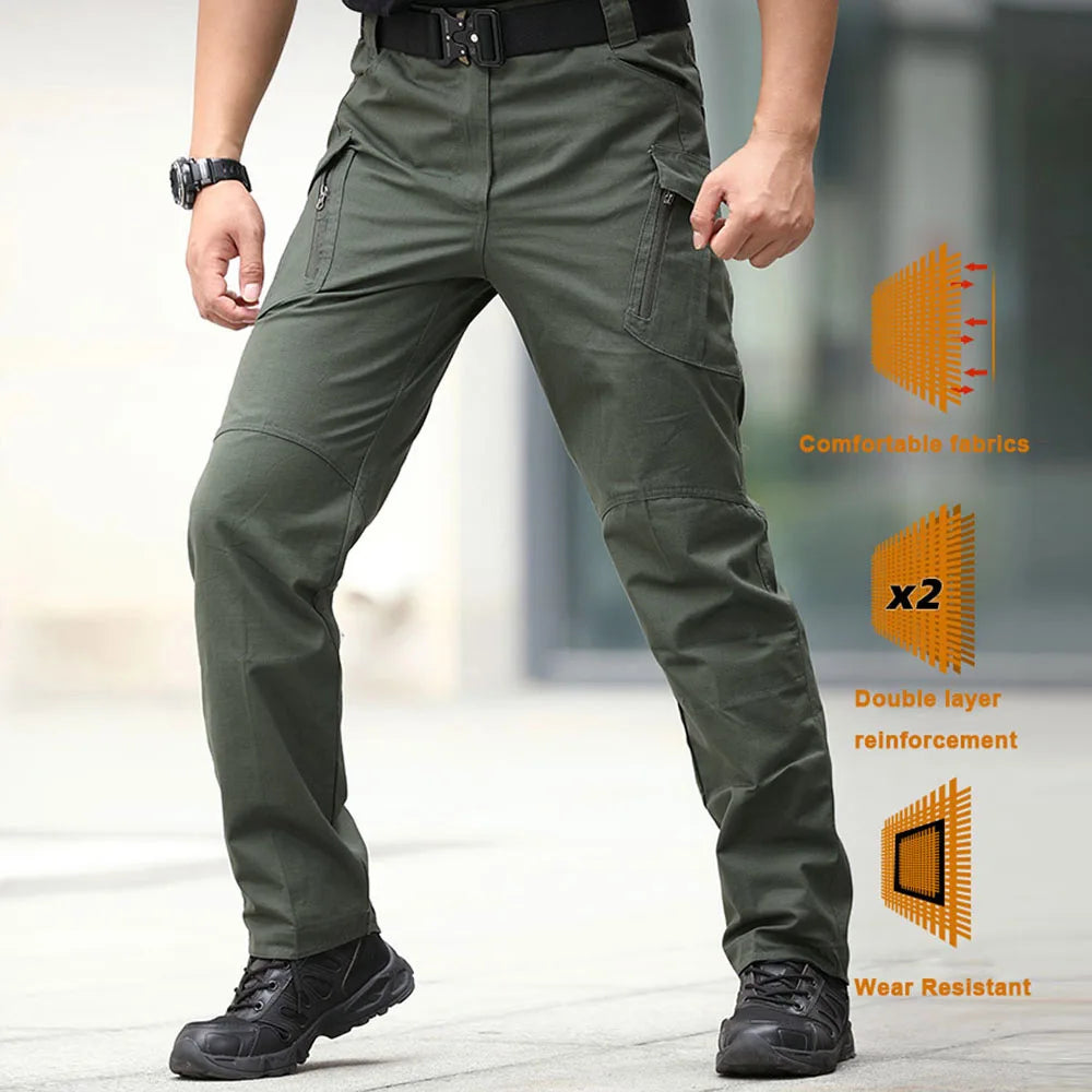 Green tactical pants with features highlighted on a blurred background