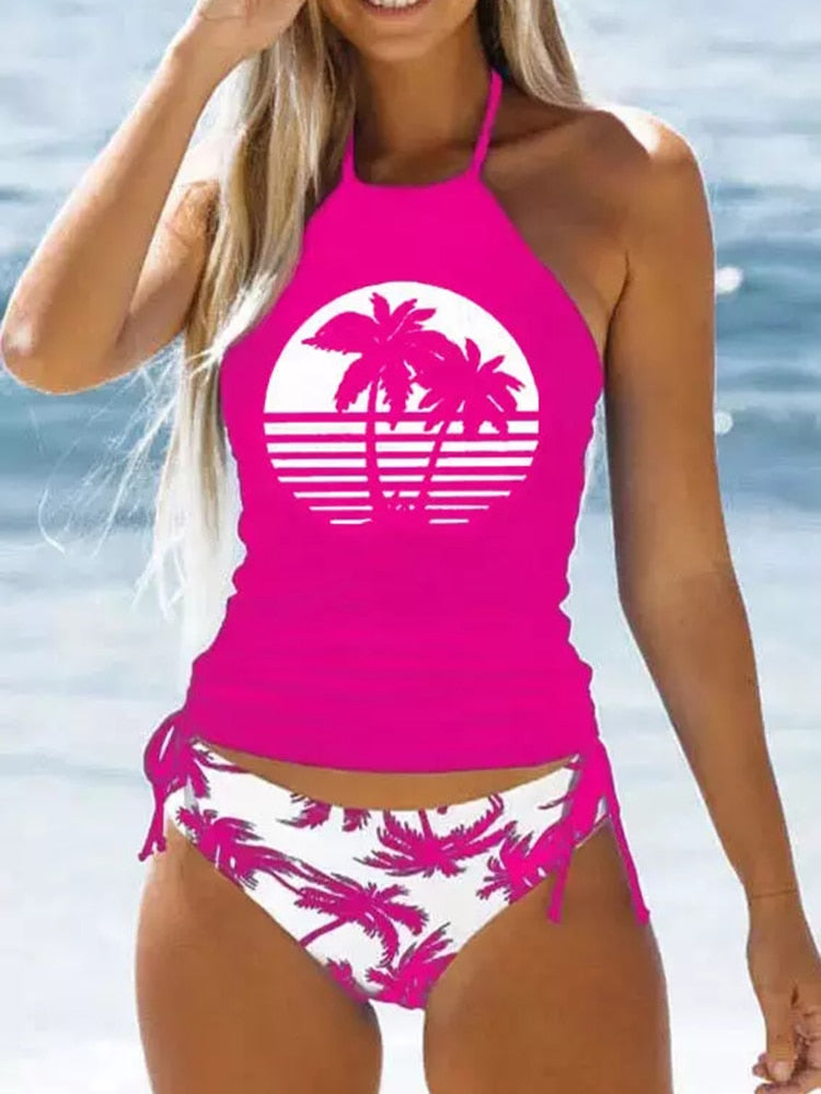 Women's Bathing Suit Coconut Drawstring Side Halter Neck Tankini Set Summer Beach Wear Cute Swimwear Fashion Swimsuit 2023 New