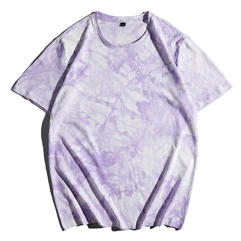 Purple tie-dye retro vibe t-shirt showcasing a breathable cotton fabric and casual O-neck design.