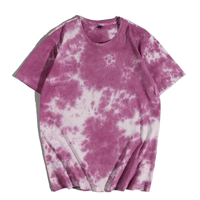 Pink and white tie-dye retro vibe t-shirt for men, short-sleeve casual wear in breathable cotton.