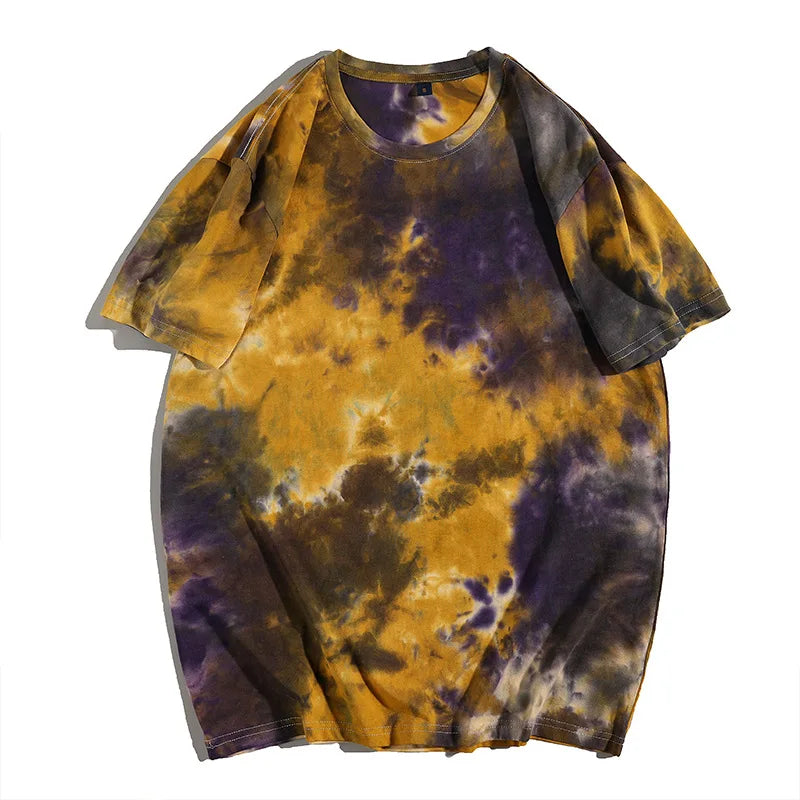 Tie-Dye Retro Vibe T-Shirt in orange, yellow, and purple colorway, showcasing a casual and breathable design for year-round wear.