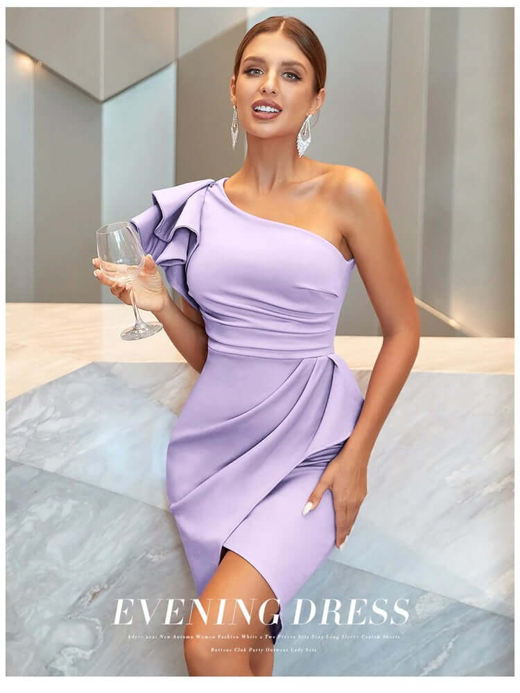 Woman in violet dress with a glass of wine on hand