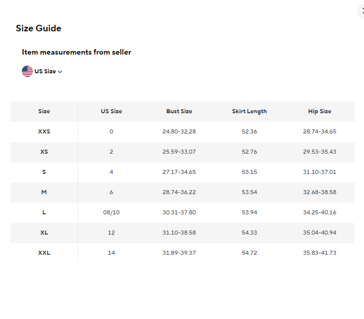 Size guide with measurements for ankle-length slip dress, including bust, skirt length, and hip size for each size.
