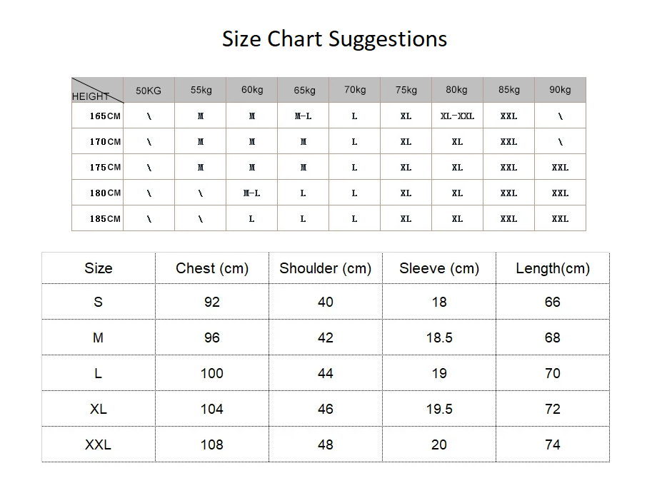 Size chart suggestions for clothing with height and weight ranges.