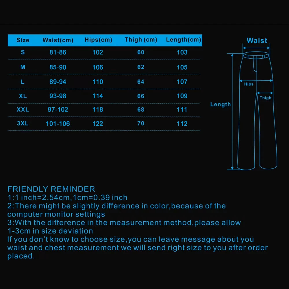 Size chart for pants with measurements in centimeters on a black background
