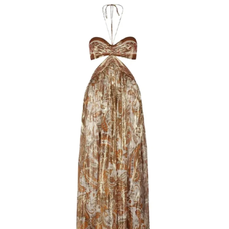 Elegant hollow out-strapless dress in shimmering brown with an off-shoulder design, perfect for beach holidays.