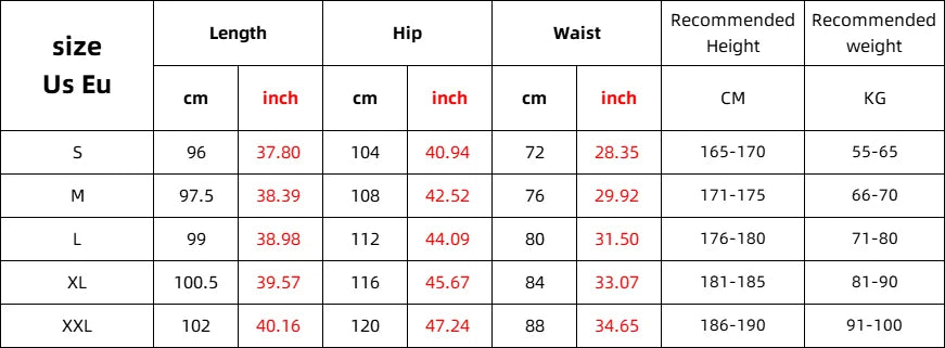 Size chart for Men's Sports Pants Cargo Style including length, hip, waist, recommended height, and weight.