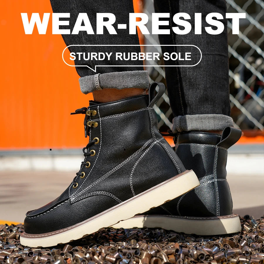 Black work boots with a sturdy rubber sole on a textured surface, with text 'WEAR-RESIST' and 'STURDY RUBBER SOLE'.