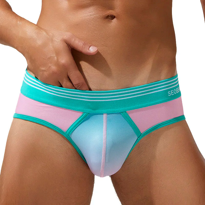 Multicolored men's underwear with a brand logo on a white background