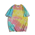 Colorful tie-dye retro vibe t-shirt in yellow, pink, and blue hues with a casual O-neck design.