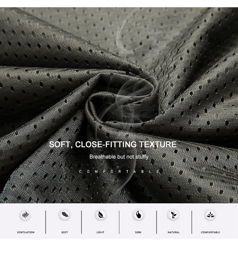 Close-up of gray perforated fabric with text describing its texture and comfort.