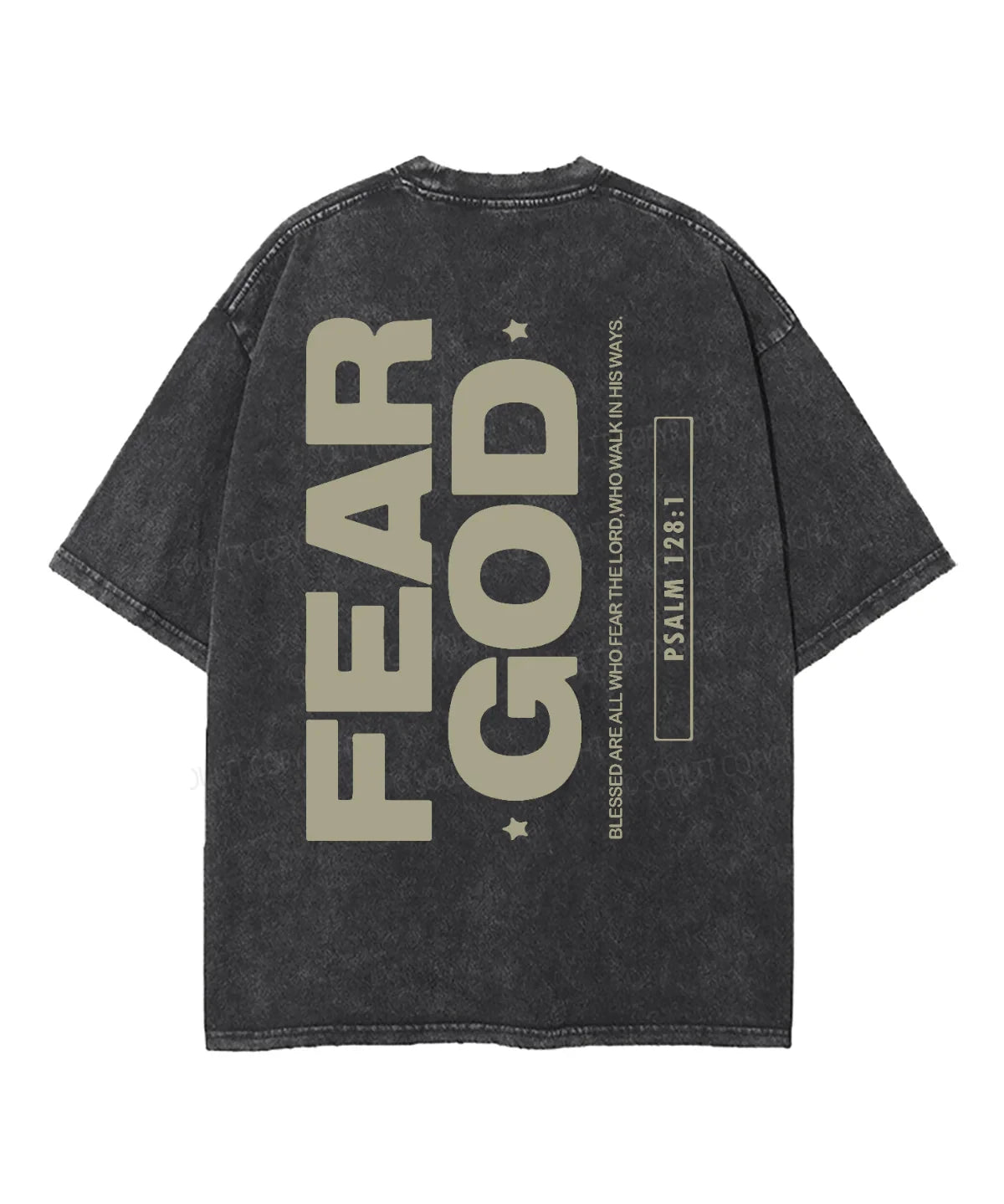 Black t-shirt with 'FEAR GOD' text on the back against a white background