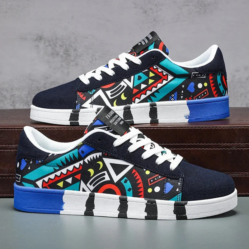 Colorful sneakers with geometric patterns on a gray surface and dark background