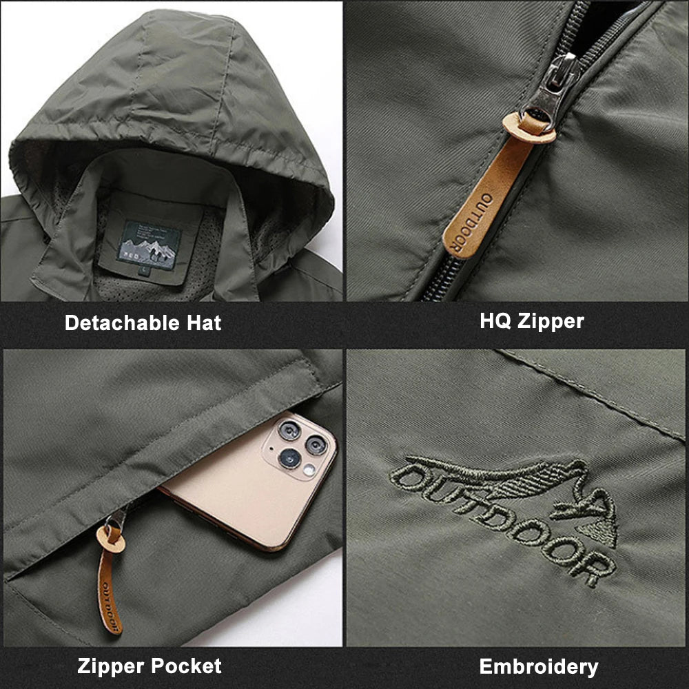 Collage of features of a green jacket including detachable hat, HQ zipper, zipper pocket, and embroidery.