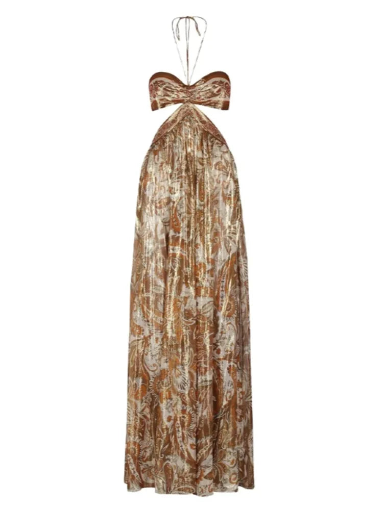 Elegant hollow out strapless dress in brown with floral pattern and floor-length A-line silhouette.