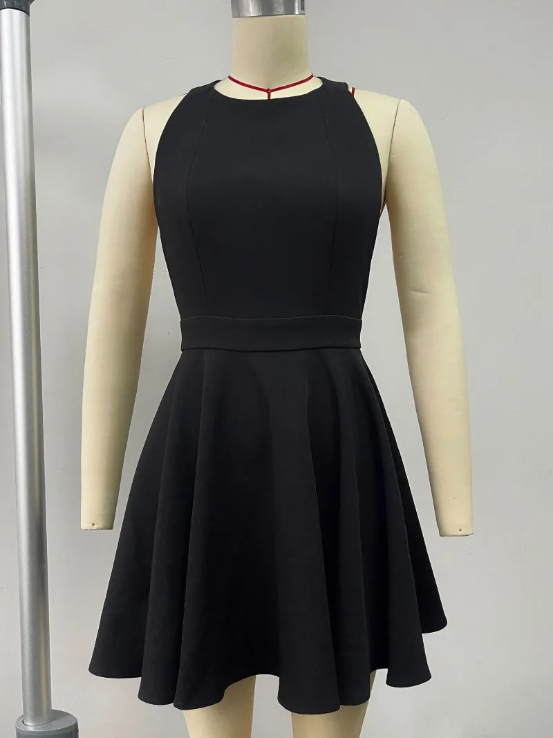 Elegant black halter dress with a fitted bodice and flared A-line skirt, perfect for elegant events.