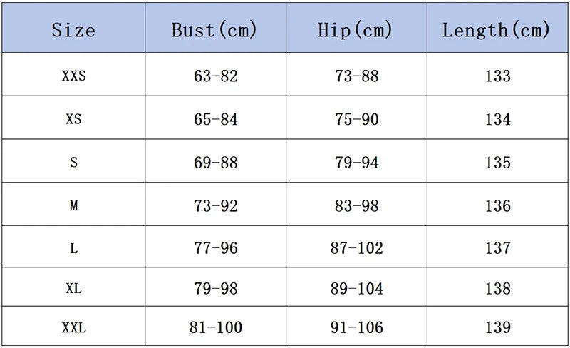 Size chart for ankle-length slip dress including bust, hip, and length measurements in centimeters.