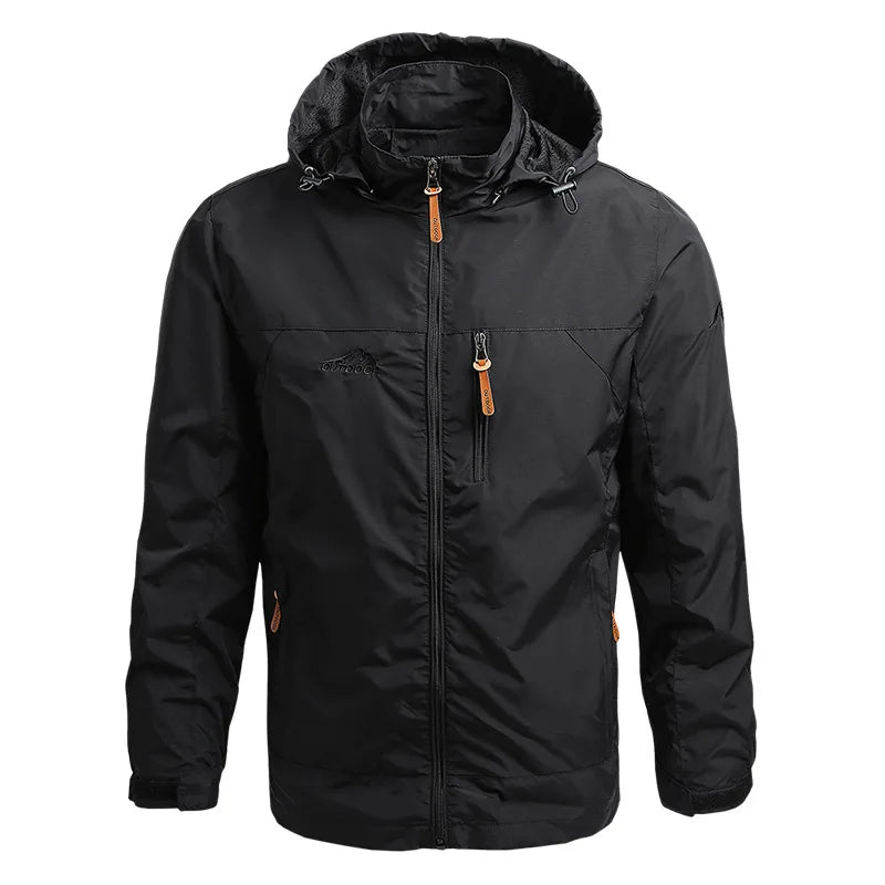 Black jacket with orange zippers on a white background