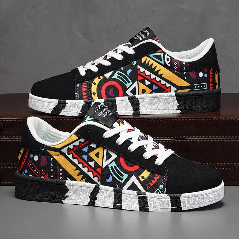 Colorful patterned sneakers on a dark surface with a gray background