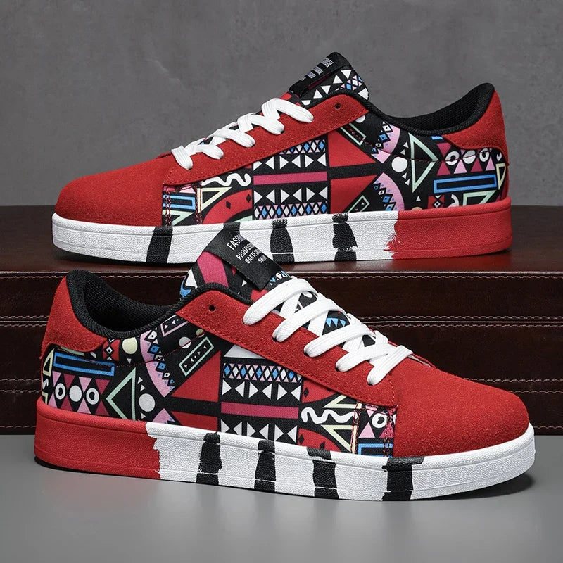 Red sneakers with geometric pattern on a dark surface
