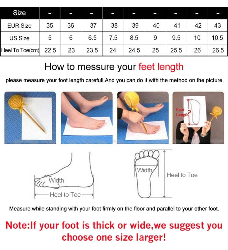 Measurement chart for feet with size guide and instructions on how to measure foot length.