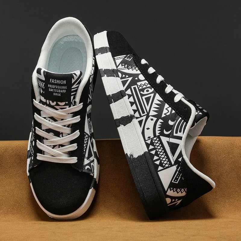 Black and white patterned sneakers on a brown surface with a dark background