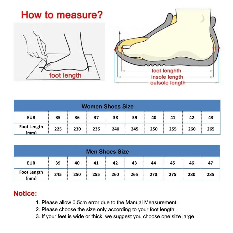 Shoe size chart with measurement instructions and tables for women and men.