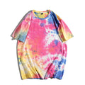 Colorful tie-dye retro vibe t-shirt featuring pink, blue, and yellow patterns, ideal for casual streetwear.