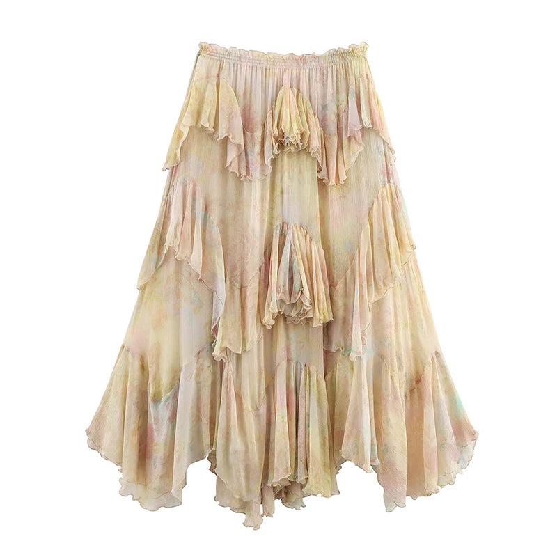 Flowy pastel tiered skirt with ruffled layers and elastic waistband, perfect for spring and summer outings.