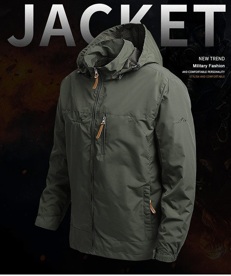 Green jacket with a hood on a dark background, featuring text about military fashion.