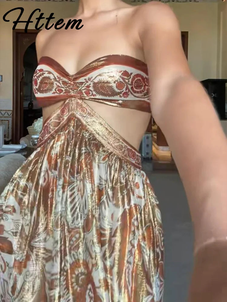 Elegant hollow out strapless dress with intricate patterns, perfect for beach holidays, showcasing a backless design.