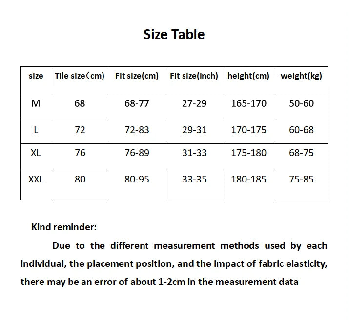 Size chart for clothing with dimensions in centimeters and inches.