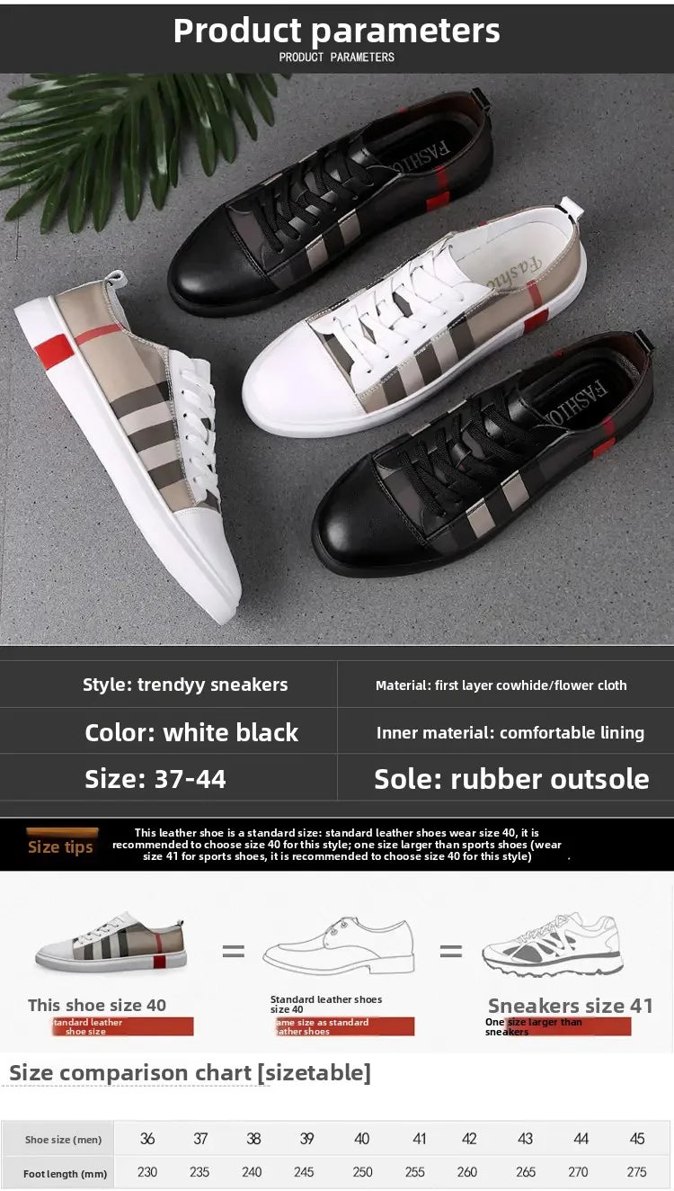 Product parameters of trendy sneakers with size comparison chart on a gray background