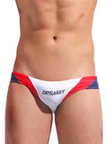 Red, white, and blue men's swim briefs with 'Desmiit' branding on a white background.