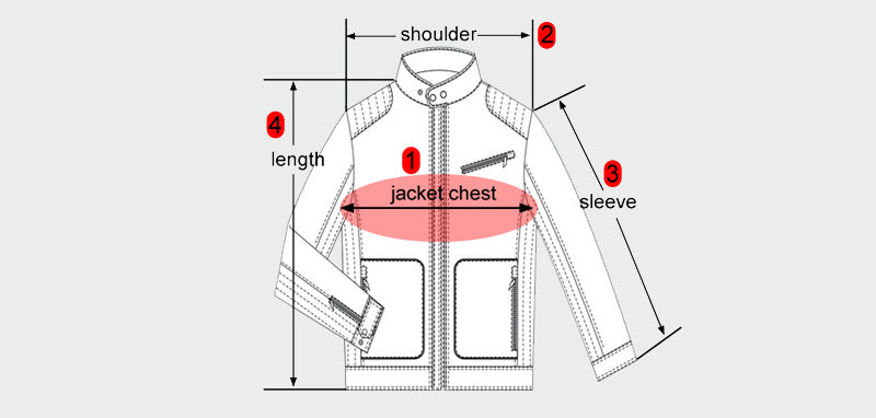 Diagram of a jacket with labeled measurements on a white background