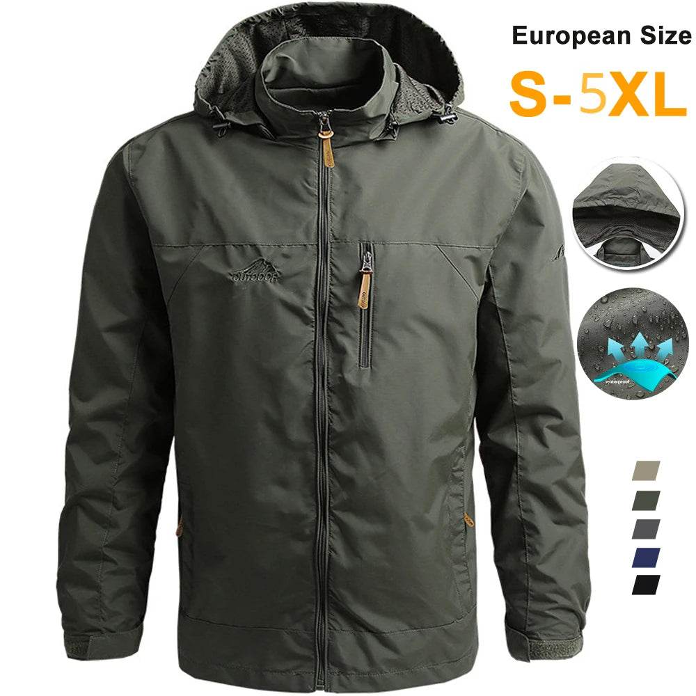 Green jacket with brand logo on a white background, featuring European size chart.