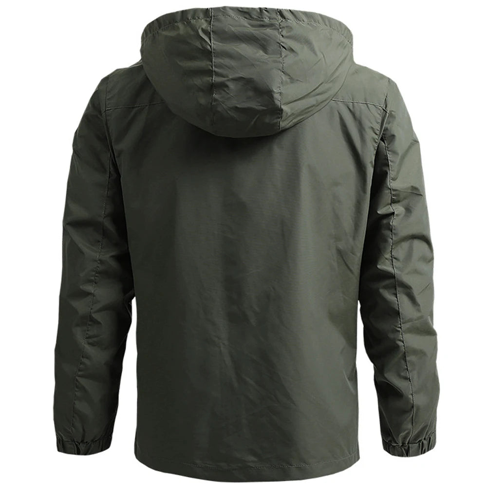 Green hooded jacket shown from the back on a white background