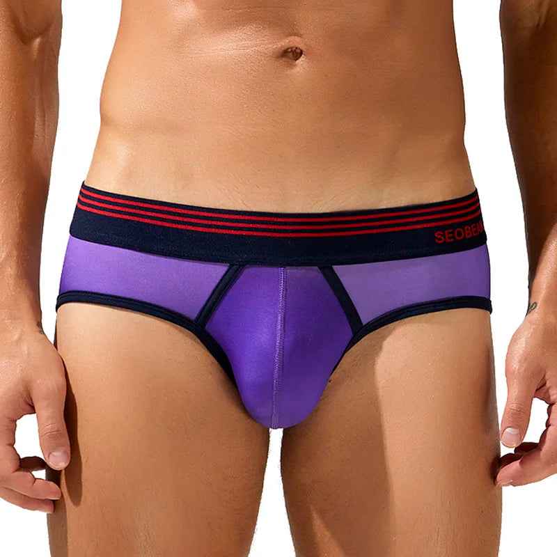 Purple men's underwear with black waistband featuring red stripes on a white background
