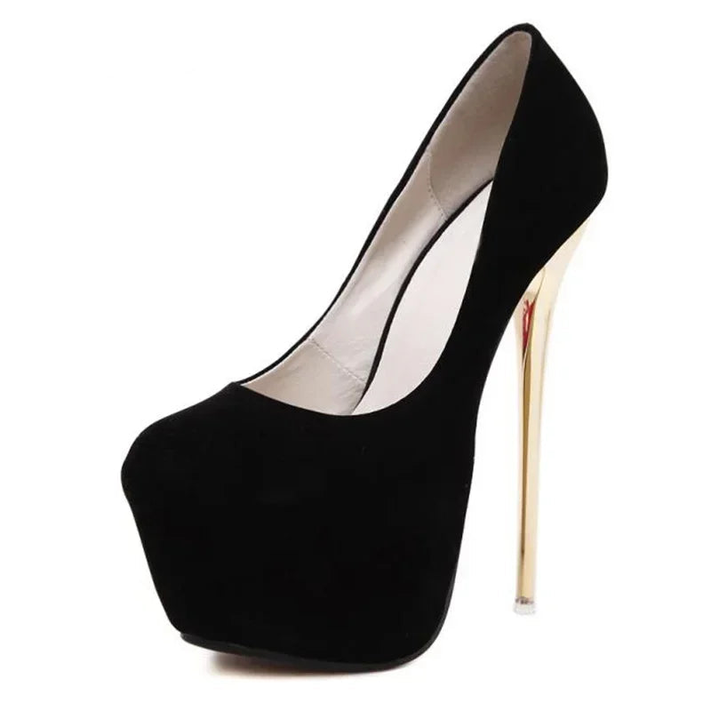 Black high-heeled shoe with a gold heel on a white background, branded 'Aneikeh'.